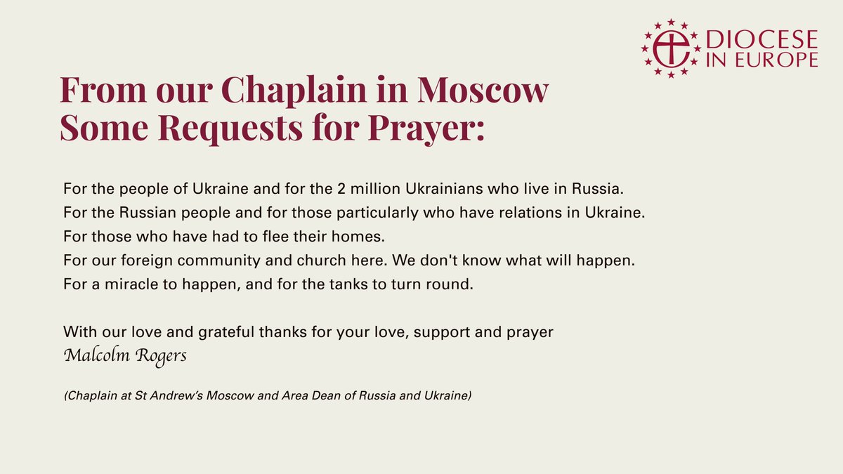 DioceseinEurope's tweet photo. Prayer requests from our Chaplain in Moscow:

@Bishop_Europe @eurobishop @churchofengland
 #PrayForUkraineAndRussia https://t.co/1JiuQ27yJ8