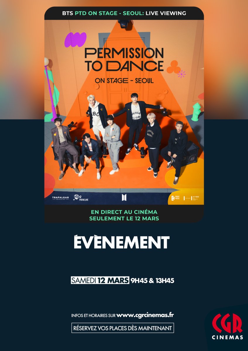 🔴 Rendez vous samedi 12 mars sans faute!!! Concert du célèbre groupe BTS retransmis en LIVE dans votre cinéma CGR. Diffusion à 9h45 du concert en DIRECT et rediffusion à 13h45 pour ceux qui font la grasse mat' 😉.#BTSARMY #PermissionToDance  
🎟️  Résa sur cgrcinemas.fr/torcy/film/556…