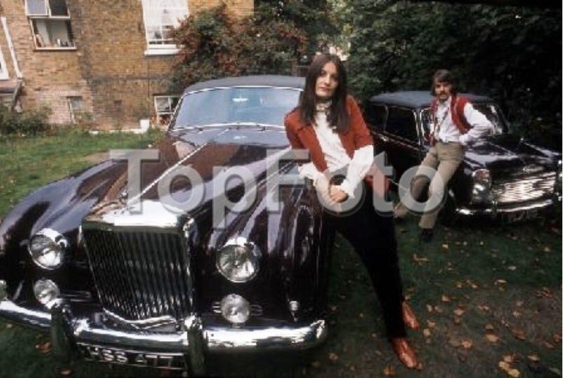 Happy 75th Birthday Sandie Shaw pictured with her then husband Jeff Banks with their Bentley and Wood & Pickett Mini 