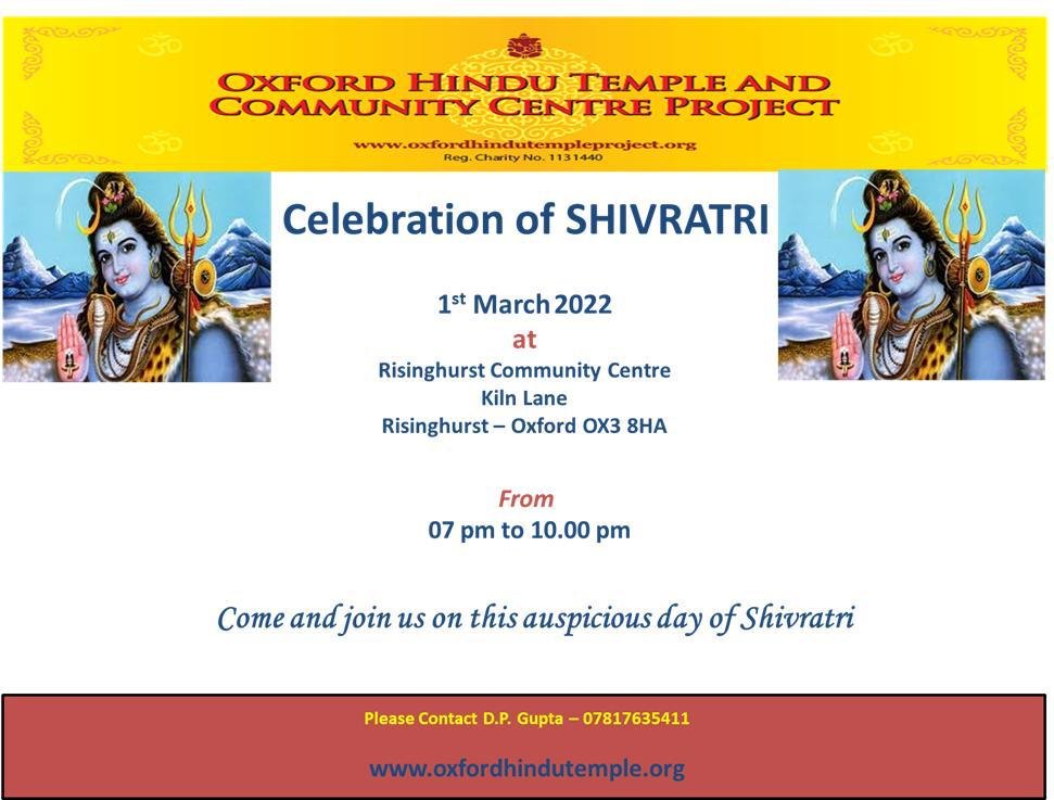 Please join us for Maha Shiv Ratri celebrations on Tuesday evening (1st March) at 7.00 PM at Risinghurst Community Centre. We will have Shiva Chalisa, Shiva Ashtakam, bhajans to Lord Shiva and Shiva Abhishekam (bathing of the Shiva Lingam). #shivratri #Shiva #oxfordshire #oxford