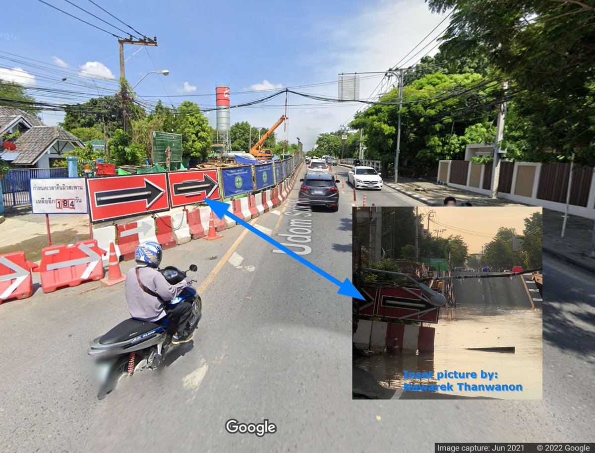 keylight's tweet photo. @ThaiNewsReports I'm 90% sure this is the location. This bridge has been under construction for about 2 years. I think they were nearing completion with both directions open. (Street view still shows 2 lanes closed.) Obviously something went wrong! FYI... แผนที่ช่วยได้! https://t.co/nE5YE6LFOm https://t.co/9LdrDRLhX8