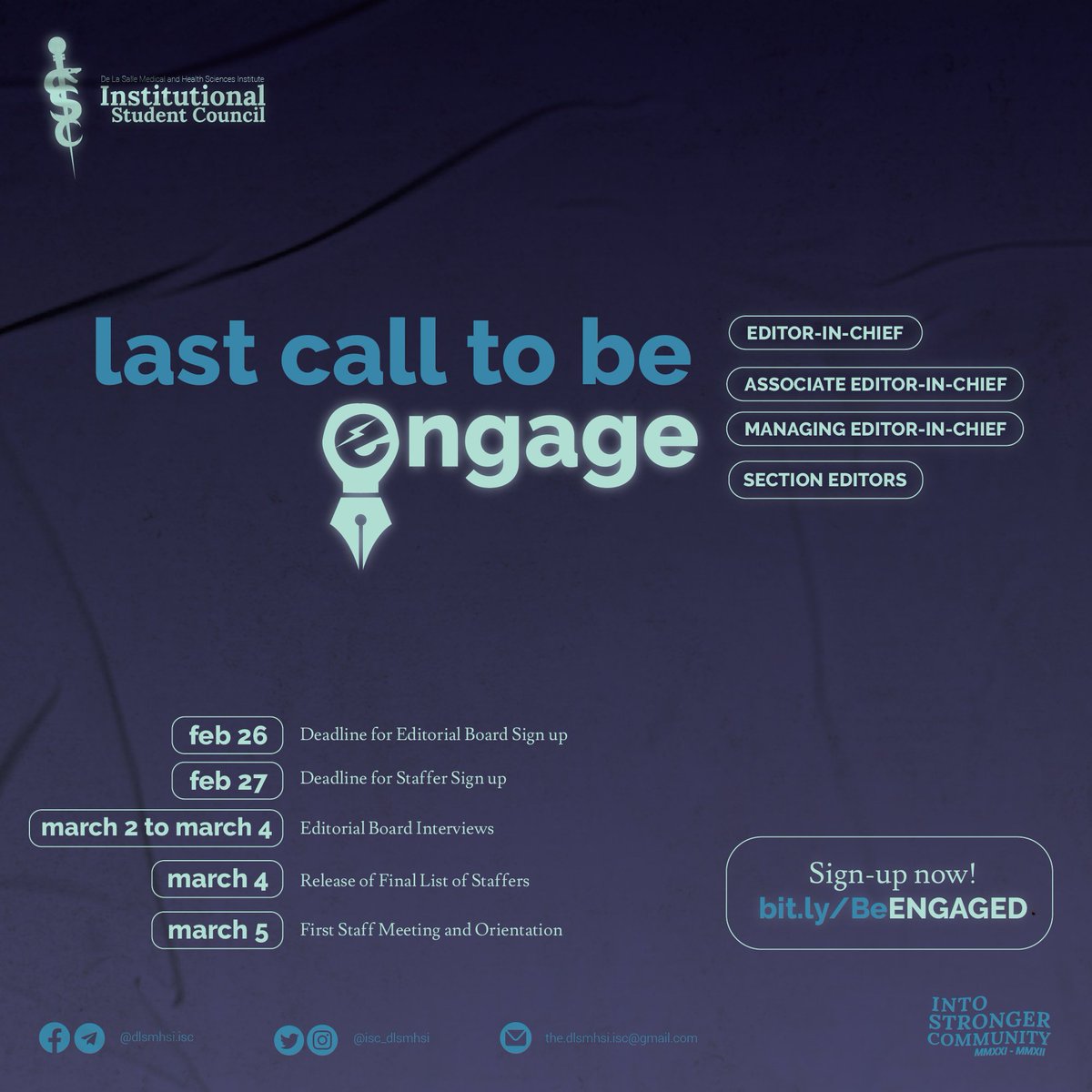 isc_dlsmhsi's tweet image. 𝐋𝐀𝐒𝐓 𝐂𝐀𝐋𝐋 𝐅𝐎𝐑 𝐀𝐒𝐏𝐈𝐑𝐈𝐍𝐆 𝐄𝐍𝐆𝐀𝐆𝐄 𝐄𝐃𝐈𝐓𝐎𝐑𝐈𝐀𝐋 𝐁𝐎𝐀𝐑𝐃 𝐌𝐄𝐌𝐁𝐄𝐑𝐒!  Roughly only 3 hours left before we close the door to those seeking to be part of the core team of ENGAGE. 🤯

#BeEngaged 
#IntoStrongerCommunity 
#ISC2021