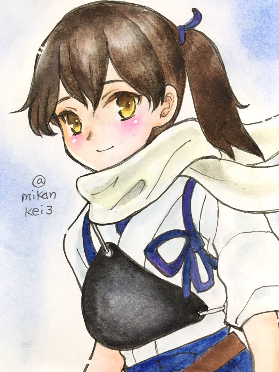 kaga (kancolle) 1girl solo muneate japanese clothes scarf brown hair side ponytail  illustration images