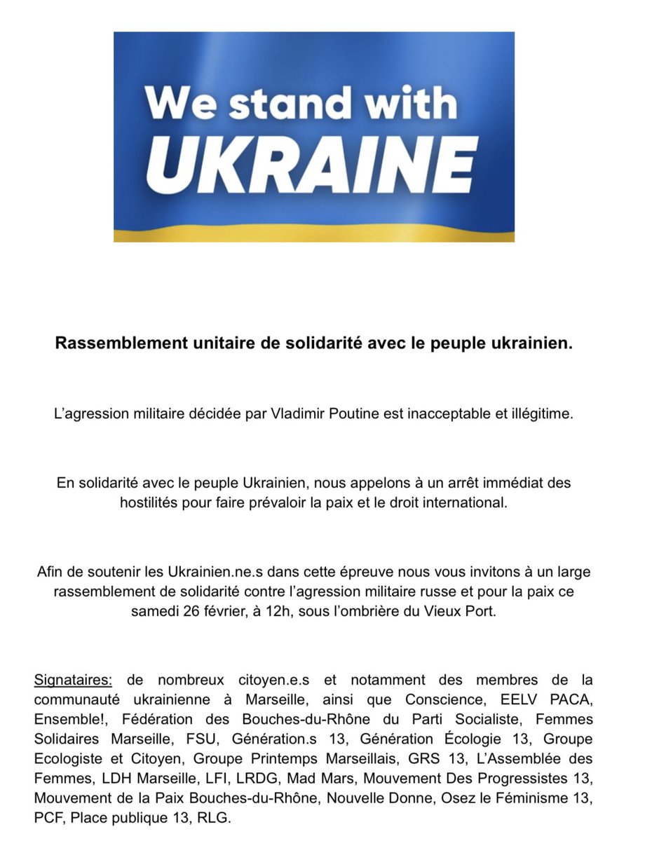 MicheleRubirola's tweet photo. Solidarité avec le peuple ukrainien injustement frappé par la guerre initiée par #VladimirPoutine . Unis pour défendre la démocratie, la liberté, relever le défi de la sécurité collective et réaffirmer notre désir commun de vivre ensemble en paix https://t.co/6qr5PjftYH