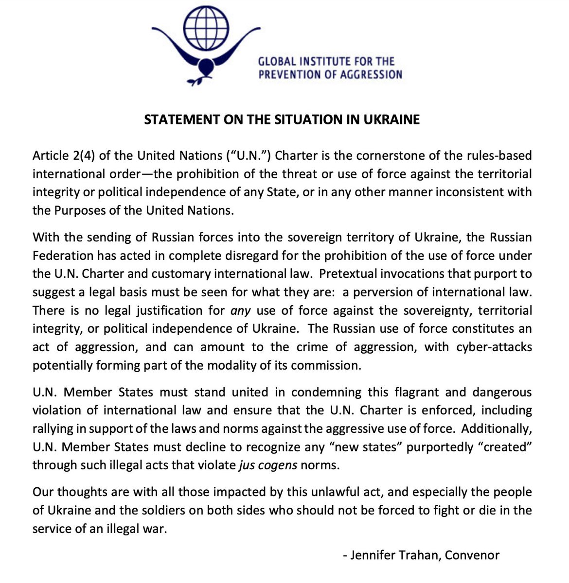 On behalf of Ben Ferencz, please read and share this Statement on the Situation in Ukraine, issued by the Global Institute for the Prevention of Aggression.  #LawNotWar