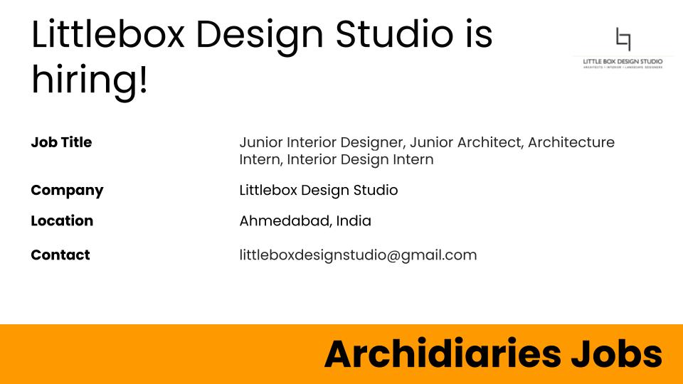 DiariesArchi's tweet image. Are you looking for job? Littlebox Design Studio is hiring! Send your resumes

If you looking for jobs or professionals, contact archidiaries.com/archidiaries-j…

Location: Ahmedabad, India

#JuniorInteriorDesigners #JuniorArchitect #ArchitectureIntern #InteriorDesignIntern #India