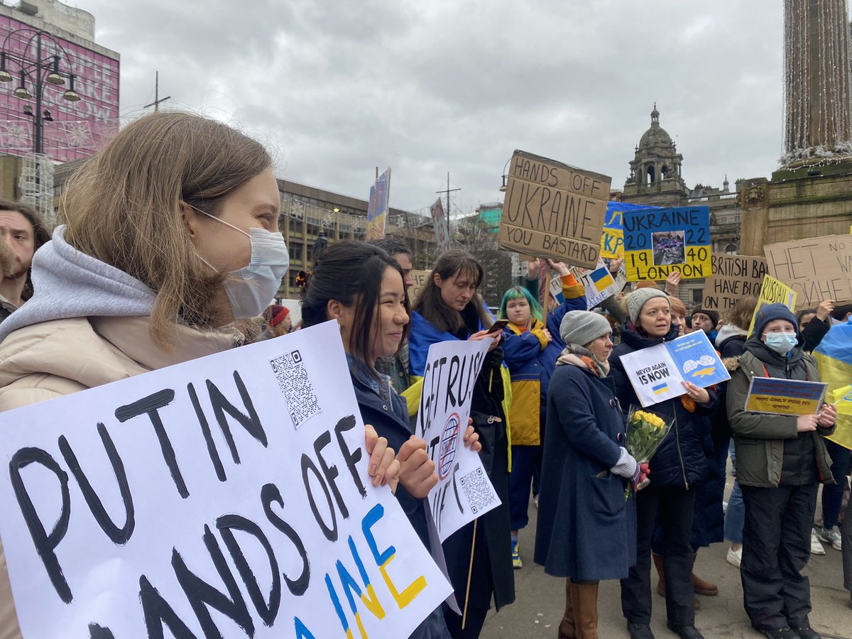 KathPick1's tweet photo. Very moving protest in George Sq now. They are peacefully playing Ukrainian music, made me cry. Fuck Putin &amp; all war mongers https://t.co/L4IL27pbGG