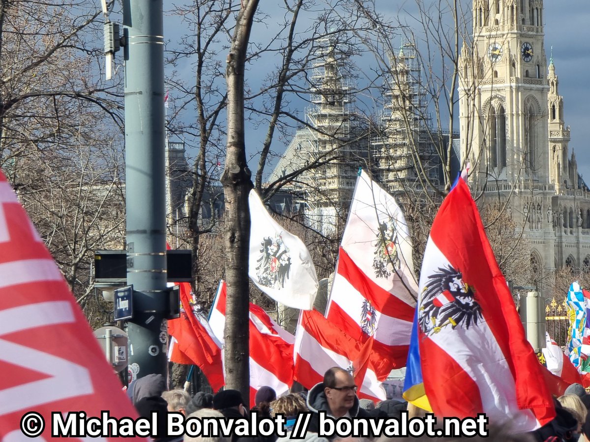 MichaelBonvalot's tweet photo. Das ist der Aufmarsch der Corona-Leugner*innen am 26. Februar in Wien: Mehrere russische Fahnen, eine Fahne des deutschen Reichs, antisemitische Qanon-Fahnen und der monarchistische Doppeladler. Es ist eindeutig: Das sind extrem rechte Aufmärsche.
#w2602 https://t.co/lGJYMfp4hs