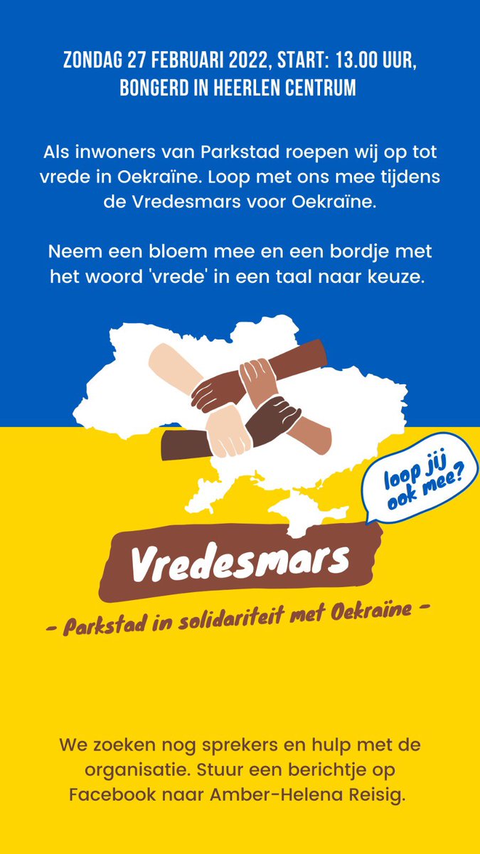 Ik organiseer een #Vredesmars voor #Oekraïne in #Heerlen. Morgen om 13.00 uur op de Bongerd. Lokale Oekraïeners zullen hun verhaal vertellen. Facebook event: fb.me/e/1AFZE3HPJ