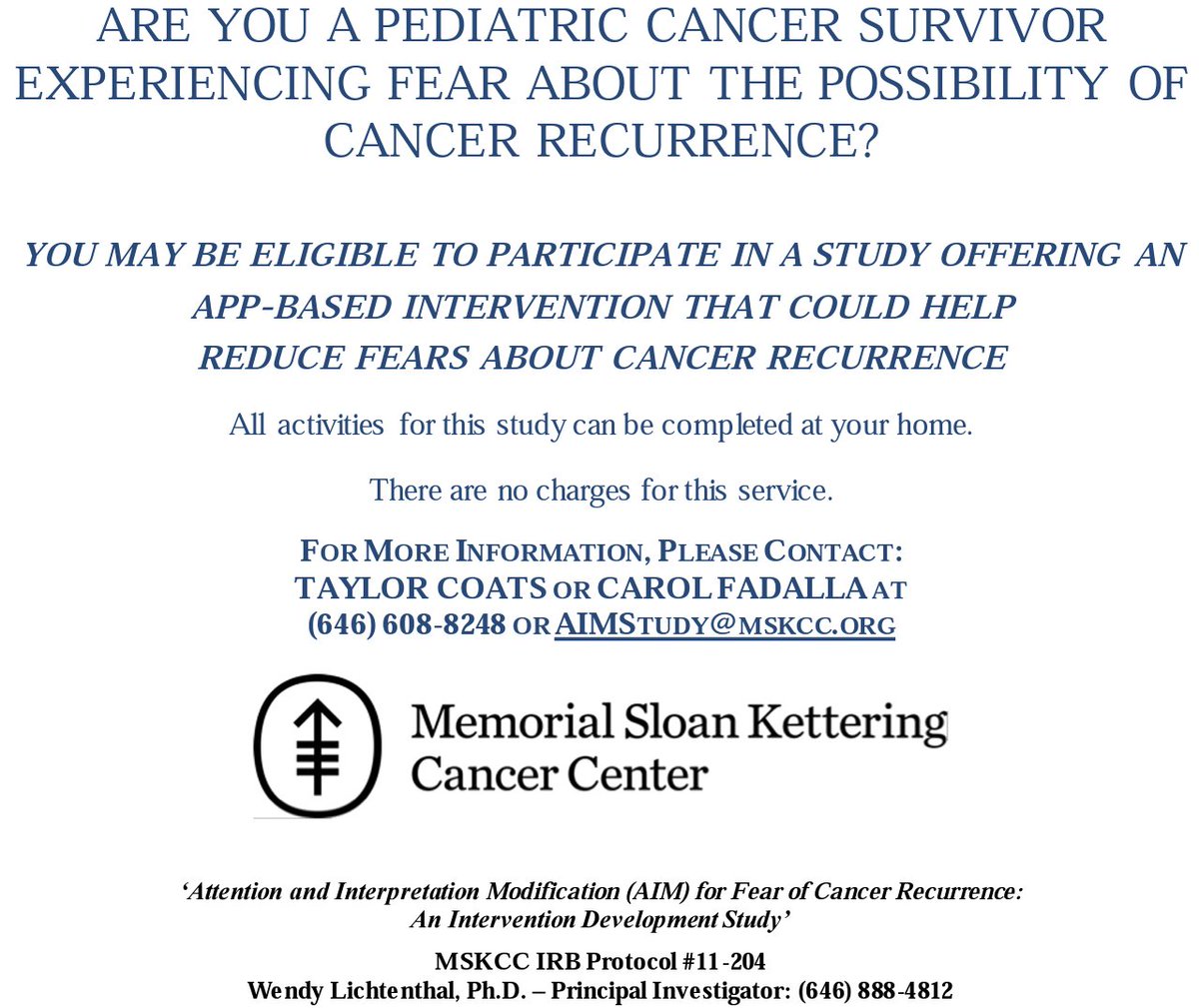 Our friends @sloan_kettering are studying a digital therapeutic for #pediatriccancer survivors w fear of recurrence, info @ 646-608-8248 or aimstudy@mskcc.org, thanks for sharing!
 
@PediatricCancer @ChildhoodCancer #ayacsm #yacancer #survonc #cancermoonshot #CommunityOncology