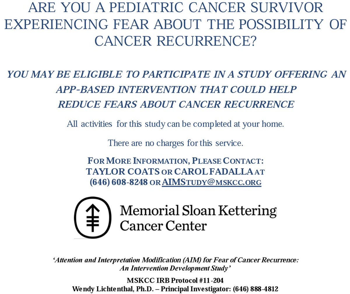 Mark Elfers (@mark_elfers) on Twitter photo Our friends @sloan_kettering are studying a digital therapeutic for #pediatriccancer survivors w fear of recurrence, info @ 646-608-8248 or aimstudy@mskcc.org, thanks for sharing!
<a href="/PediatricCancer/">National Pediatric Cancer Foundation</a> <a href="/ChildhoodCancer/">Childhood Cancer</a> #ayacsm #yacancer #survonc #cancermoonshot #CommunityOncology Our friends @sloan_kettering are studying a digital therapeutic for #pediatriccancer survivors w fear of recurrence, info @ 646-608-8248 or aimstudy@mskcc.org, thanks for sharing!
<a href="/PediatricCancer/">National Pediatric Cancer Foundation</a> <a href="/ChildhoodCancer/">Childhood Cancer</a> #ayacsm #yacancer #survonc #cancermoonshot #CommunityOncology