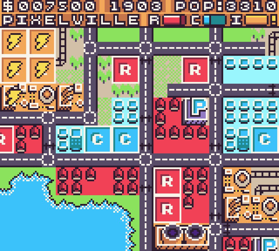 I’ve been talking about doing version of Sim City for a while now in the #PixelVision8 discord. @jm_traslogan made this mock up of one using <a href="/castpixel/">CASTPIXEL🏳️‍⚧️ 🇵🇸🍉</a>’s PV8 color palette. If I wasn’t hard at working getting #P64 ready, I’d start making this right now! #screenshotsaturday