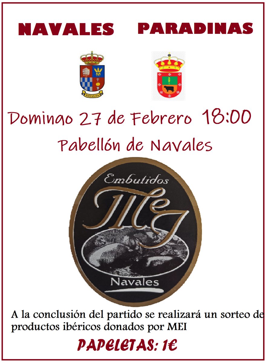 Mañana domingo, a las 18h, tenemos partido en #Navales ‼️

Será nuestro último partido aplazado (para ponernos al día) y lo jugaremos ante un gran equipo, con buenos jugadores y buena gente, "Paradinas de San Juan-Bar Quinto FS"

Al terminar, haremos sorteo de dos lotes Ibéricos