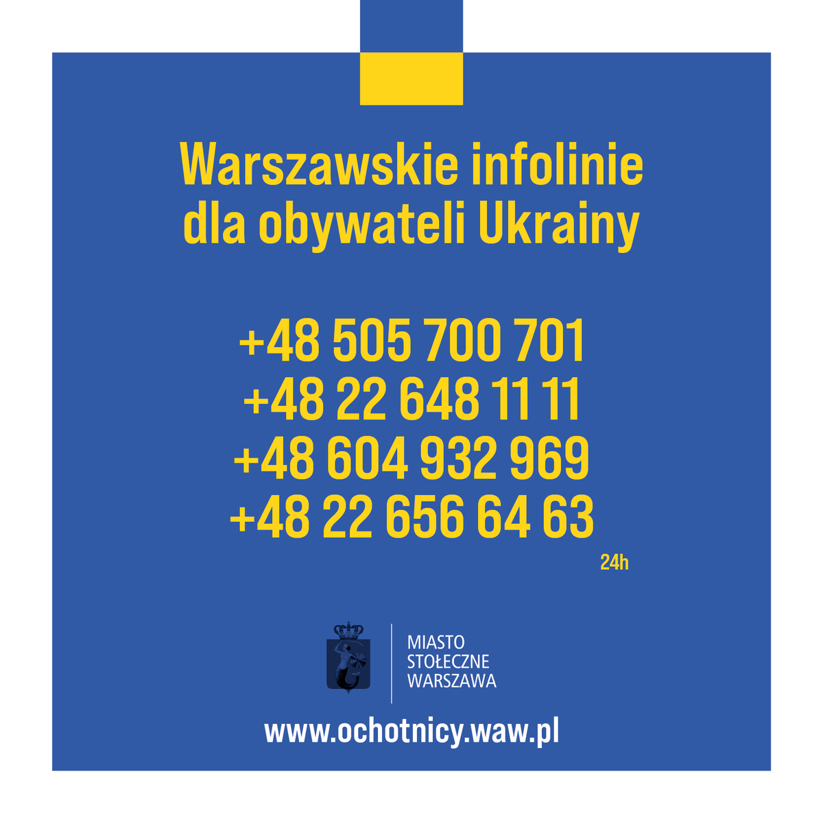 warszawa's tweet photo. Podajcie dalej! Warszawskie infolinie dla obywateli Ukrainy! #StandWithUkraine https://t.co/F1GlxsCZBY