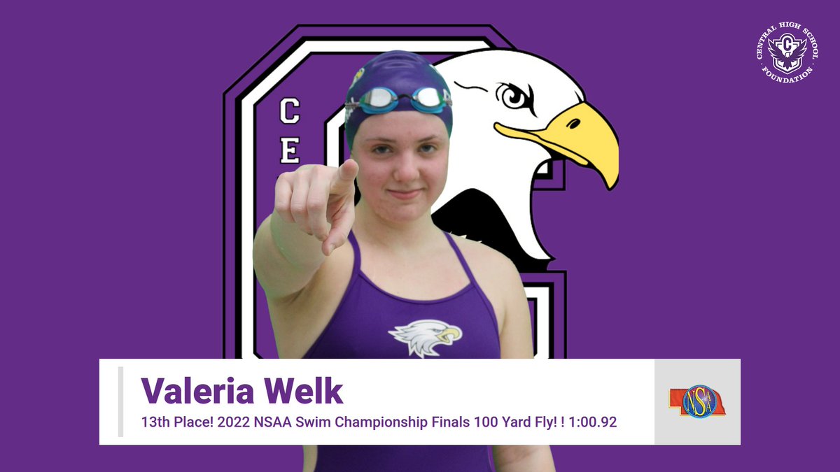 #CentralAthleticDepartment: Congratulations Valeria! Finished in 13th Place in the 2022 NSAA State Swim Championship Finals in the 100 Yard Fly / 1:00.92! Way to go Valeria!

Let's go <a href="/CHSGirls_Swim/">CHS Girls Swimming & Diving</a>!

#TheCentralEagleWay + #ooohaaah = #DowntownProud