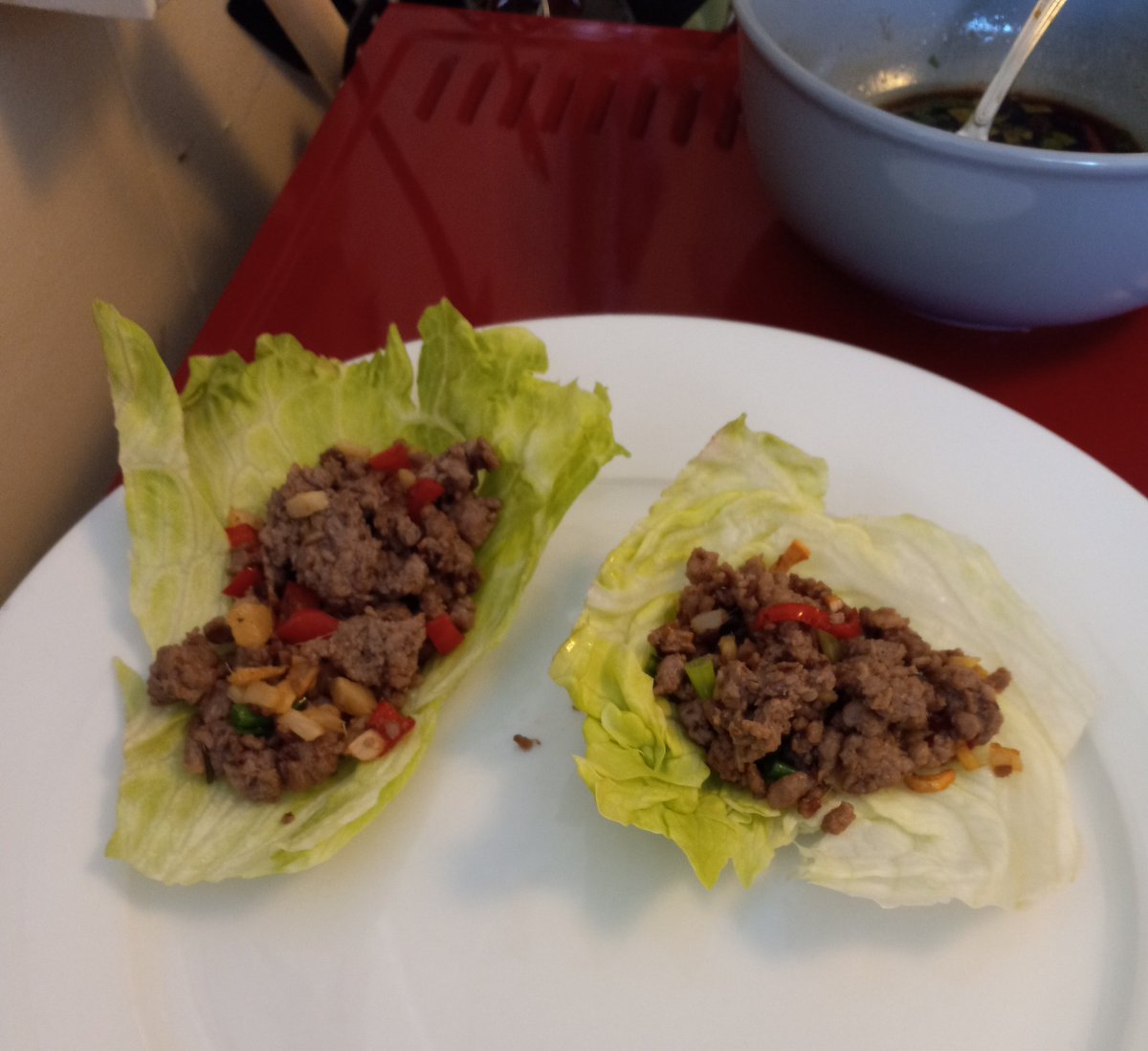 Gordon Ramsay's Lettuce Wraps made with Impossible Ground Beef Substitute @ImpossibleFoods.  I also made with the beef/pork blend for my roommate.  The Impossible Ground Beef Substitute was waaaay better! https://t.co/x3rJS94UAl