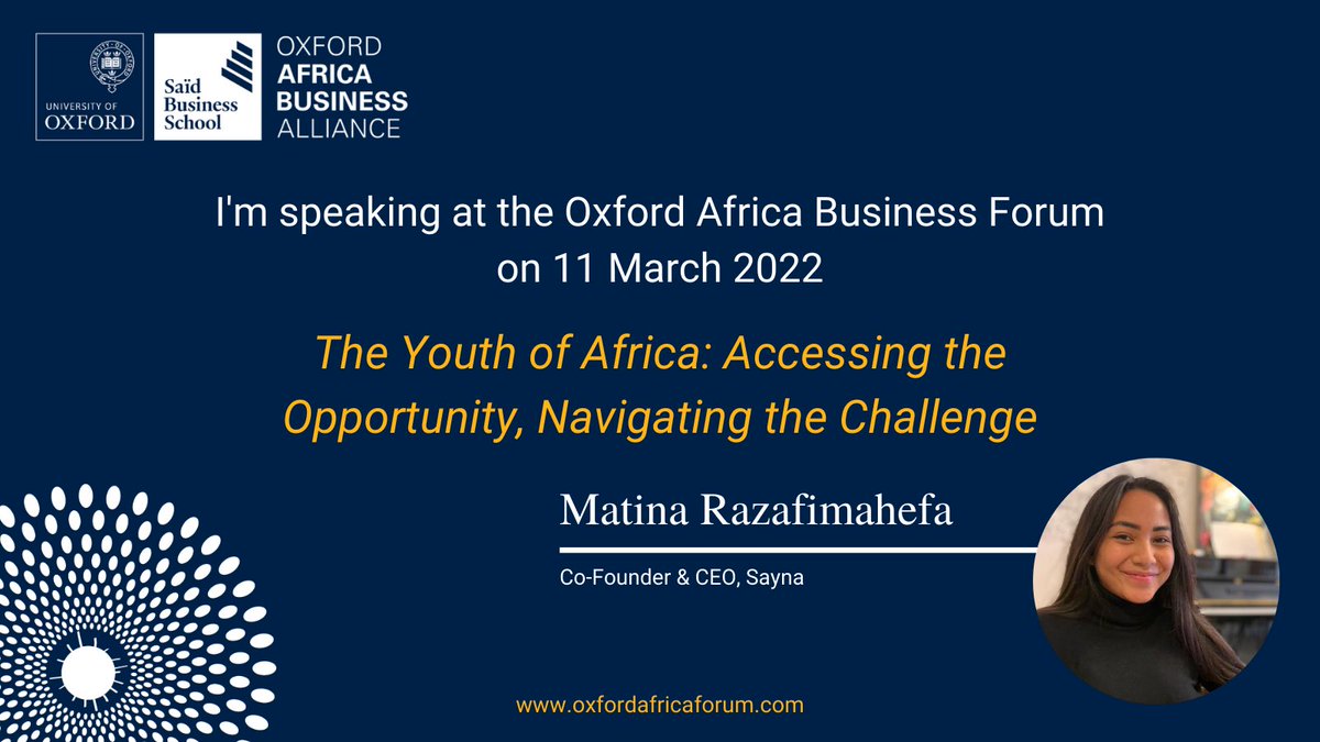 RazafimahefaM's tweet photo. Join me on 11 March as I speak at the Oxford Africa Business Forum hosted by @oxfordaba. The theme is focusing on ‘The Youth of Africa: Accessing the Opportunity, Navigating the Challenge’. Tickets: https://t.co/inYmoeb7Rm #oxfordafricaforum https://t.co/JtXRk7jPU4