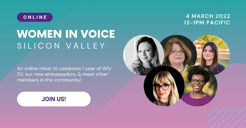 WomenInVoice's tweet photo. WiV Silicon Valley Chapter is kicking off their second year with a virtual meetup. 🥳🥳  

Grab your coffee, tea, or lunch and join the chat!

Friday March 4th, 2022 at 12:00pm PT
Look forward to seeing you there!

Registration Link:
https://t.co/W6i9L3LPQr https://t.co/fL3a0DVy1d