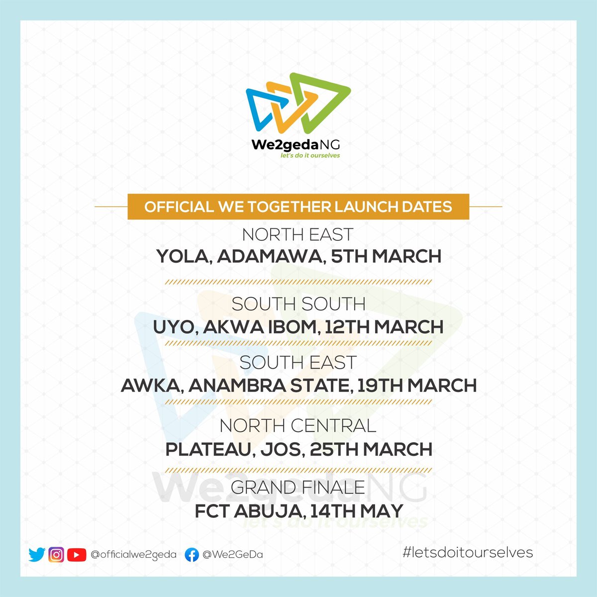 ABDALLAHBALA4's tweet photo. Due to the change of date of APCs convention which clashed with the National Unveiling and Grand Rally of @officialwe2geda movement, we have made some adjustments to our schedule of events. The new date for the Abuja event will be 14th May after Eid. #LetsDoItOurselves #We2GeDa๐ค https://t.co/t78m3UgP63
