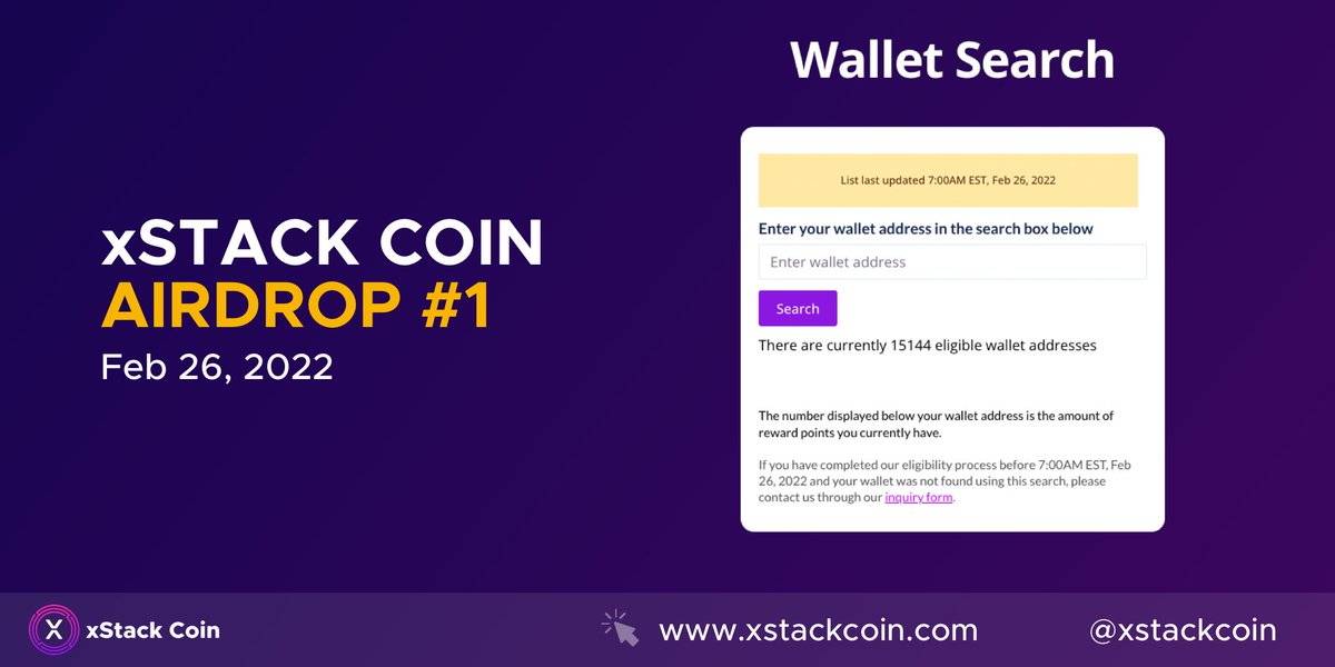 While you're waiting patiently for the airdrop, check how many $xStack points you have using our wallet search feature - xstackcoin.com/wallet-search/

- More info in the comments