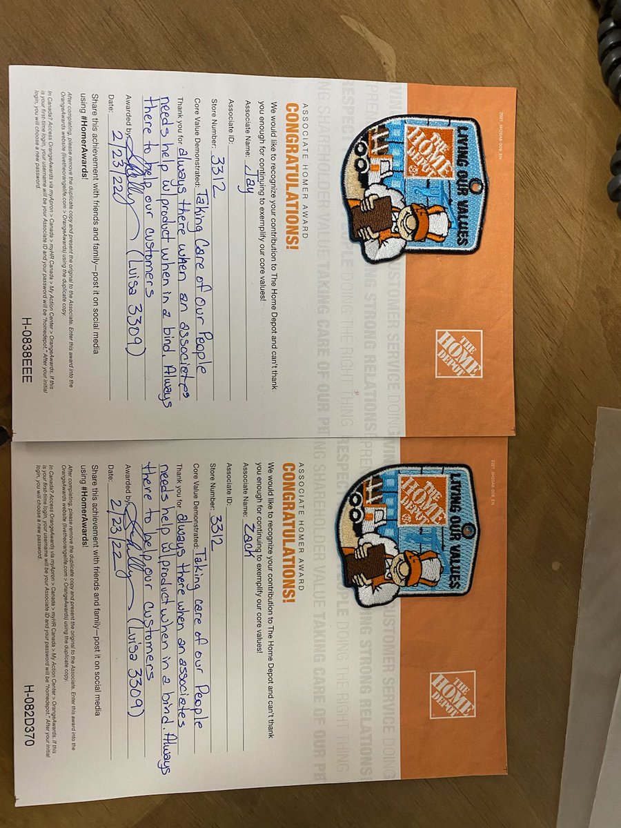 My associate Luisa <a href="/thd3309/">THD3309</a> came and asked can we recognize 2 lumber associates from another store. I of course said yes. So a shout out to Jay and Zack from store 3312 thank you for you partnership and outstanding customer service. Thank you <a href="/ShellyColonna/">Shelly Colonna 3312</a> for the homers.