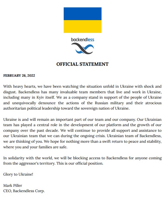 Backendless's tweet image. OFFICIAL STATEMENT from @codelesscoder
Backendless stands with #Ukraine.
#GloryToUkraine