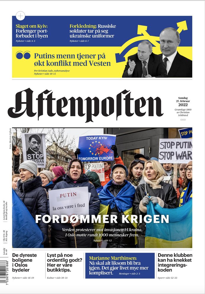 Aftenposten's tweet photo. Aftenposten søndag: 
– Krigen mot Ukraina ble satt i gang av Putin og en ekstremt konservativ krets. De har alt å vinne på økt konflikt med Vesten, skriver vår Russland-korrespondent. https://t.co/L456PgBTpq
