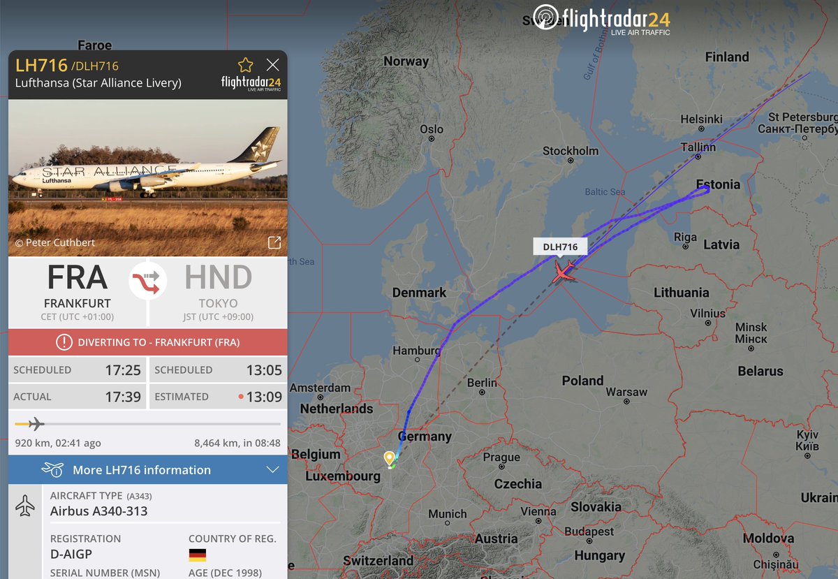 flightradar24's tweet image. #LH716, Frankfurt-Tokyo, is returning to Frankfurt after turning around over Estonia. No specified reason yet. flightradar24.com/DLH716/2af3600d