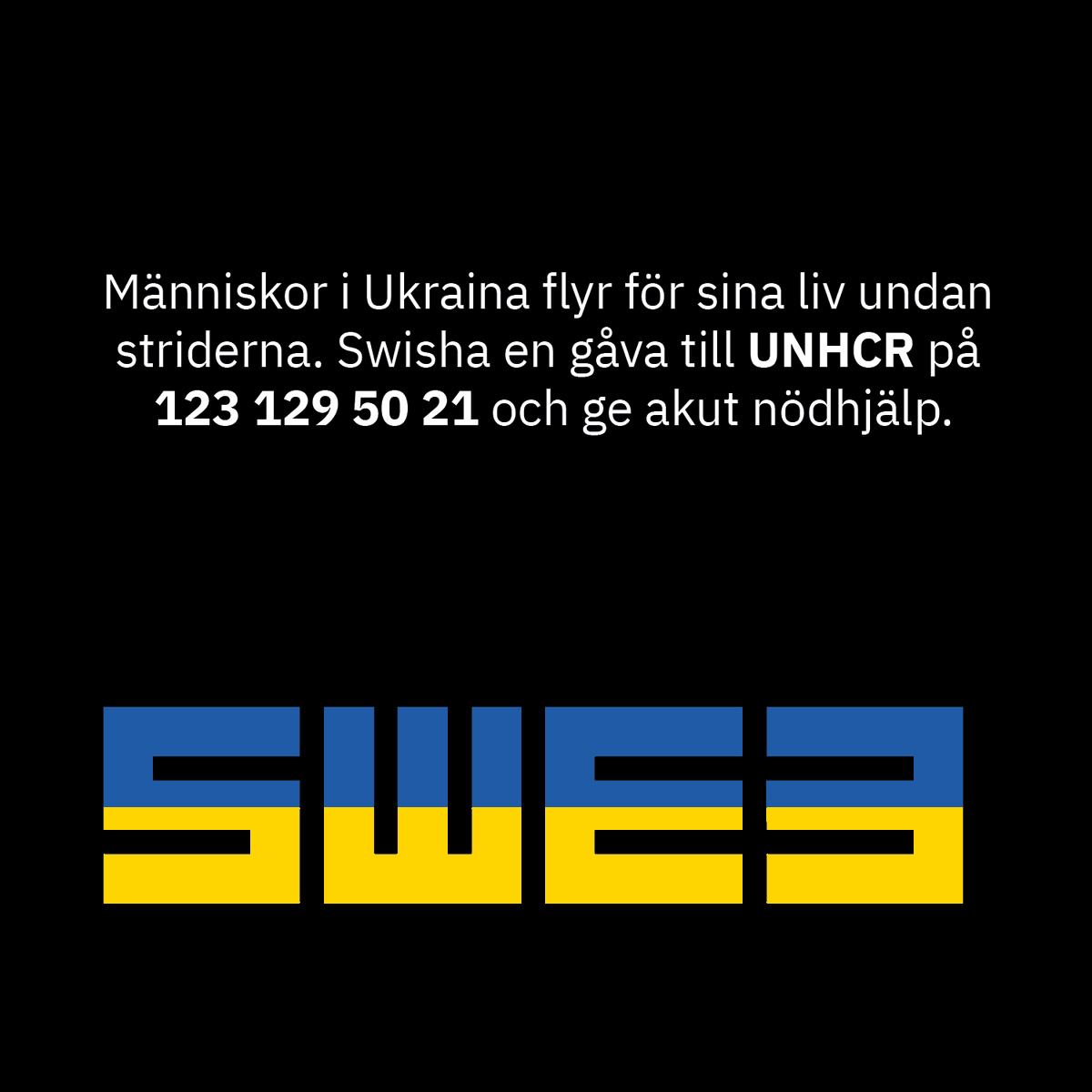 swe3se's tweet photo. Kriget i Ukraina berör oss alla och våra tankar är med alla de drabbas. SWE3 skänker idag 10 000 kronor till @SverigeforUNHCR:s arbete på plats i Ukraina. Swisha en gåva till 123 129 50 21 om du vill vara med och bidra för att hjälpa krigets offer. https://t.co/996fgb42fQ