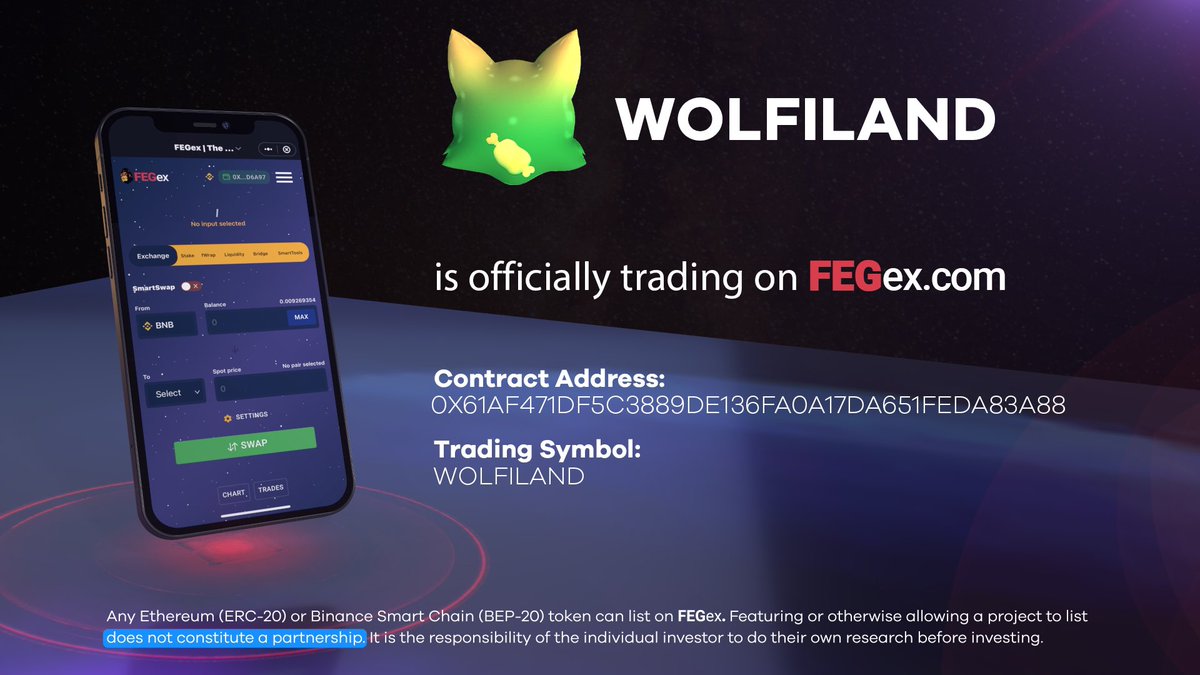 FEGtoken's tweet photo. 🎉 NEW #FEGex listing! FEG would like to extend a warm welcome to

@RoboWolf8 | #WOLFILAND 
🚨NOW ON https://t.co/S1dd7dn486!

Thanks for accepting our invite to #ListOnFEGex! 😊

#SmartDeFi #BringingDeFiTogether #DeFi #crypto #BTC #ETH #ADA #BNB  #BSC  #Solana $FEG https://t.co/1y97GTy6ds