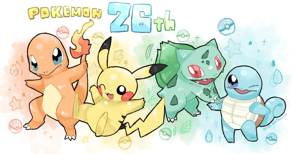 bulbasaur ,charmander ,pikachu ,squirtle no humans pokemon (creature) starter pokemon trio smile flame-tipped tail open mouth fire  illustration images