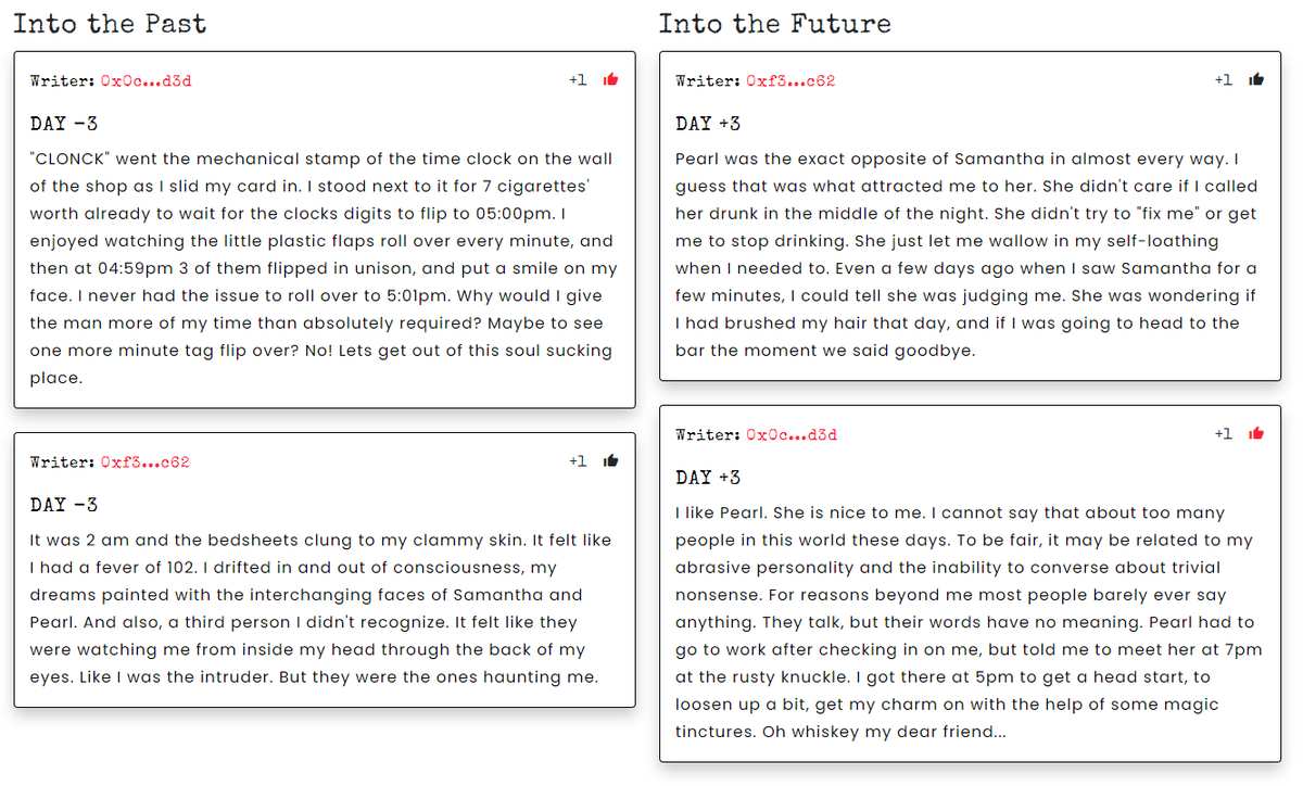 timewriter_'s tweet photo. We have 4 submissions facing off with one vote each. Can you help to decide the continuation of the story? 
https://t.co/rphcWlhCX4

#WritingCommunity #NFTCommunity https://t.co/QJfgTTywIG