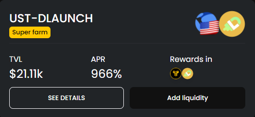 PangolinAPRs's tweet photo. Earn double rewards in $DLAUNCH + $PNG and up to 966% APR on your ( $UST - $DLAUNCH ) LP with @pangolindex
#Pangolindex #Avalanche #UST #DLAUNCH https://t.co/dQgmgz1B7V