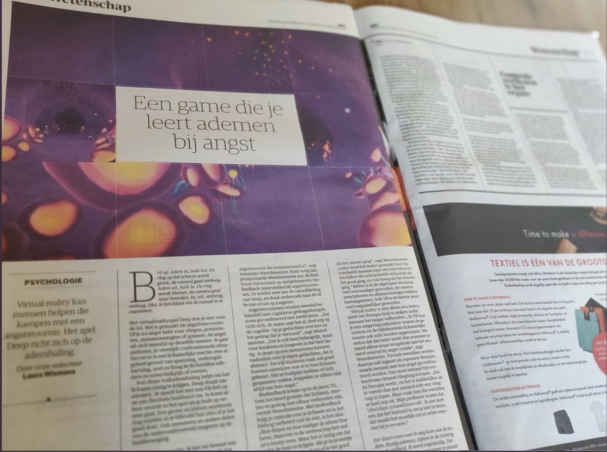 'A game that teaches you to breathe and manage anxiety,' We are featured in @NRC. The article explores the incredible findings of the research undertaken by our very own Dr @yoanneke on how Deep empowers people to develop skills for long term anxiety management.
