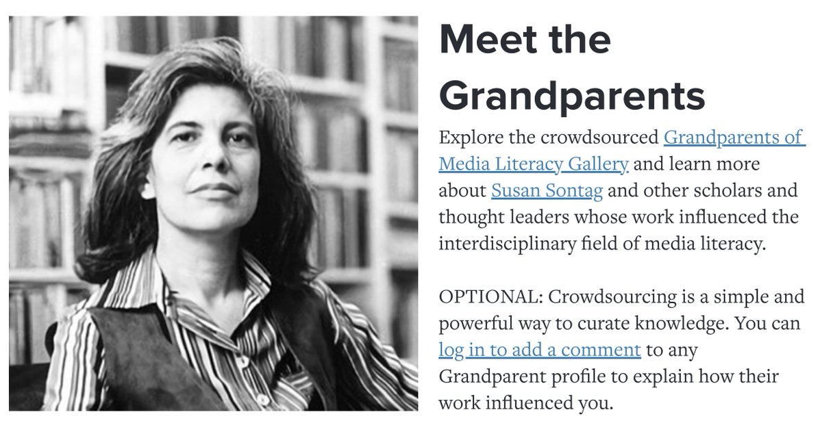 reneehobbs's tweet photo. Happy to add a new "grandparent" to the Grandparents of Media Literacy Gallery: Susan Sontag. How did she influence your work in media literacy? Share your reflections at this crowdsourced platform https://t.co/k0BI4hJg4h #EDC534 #medialit #visualeducation https://t.co/2xLbSdic4m