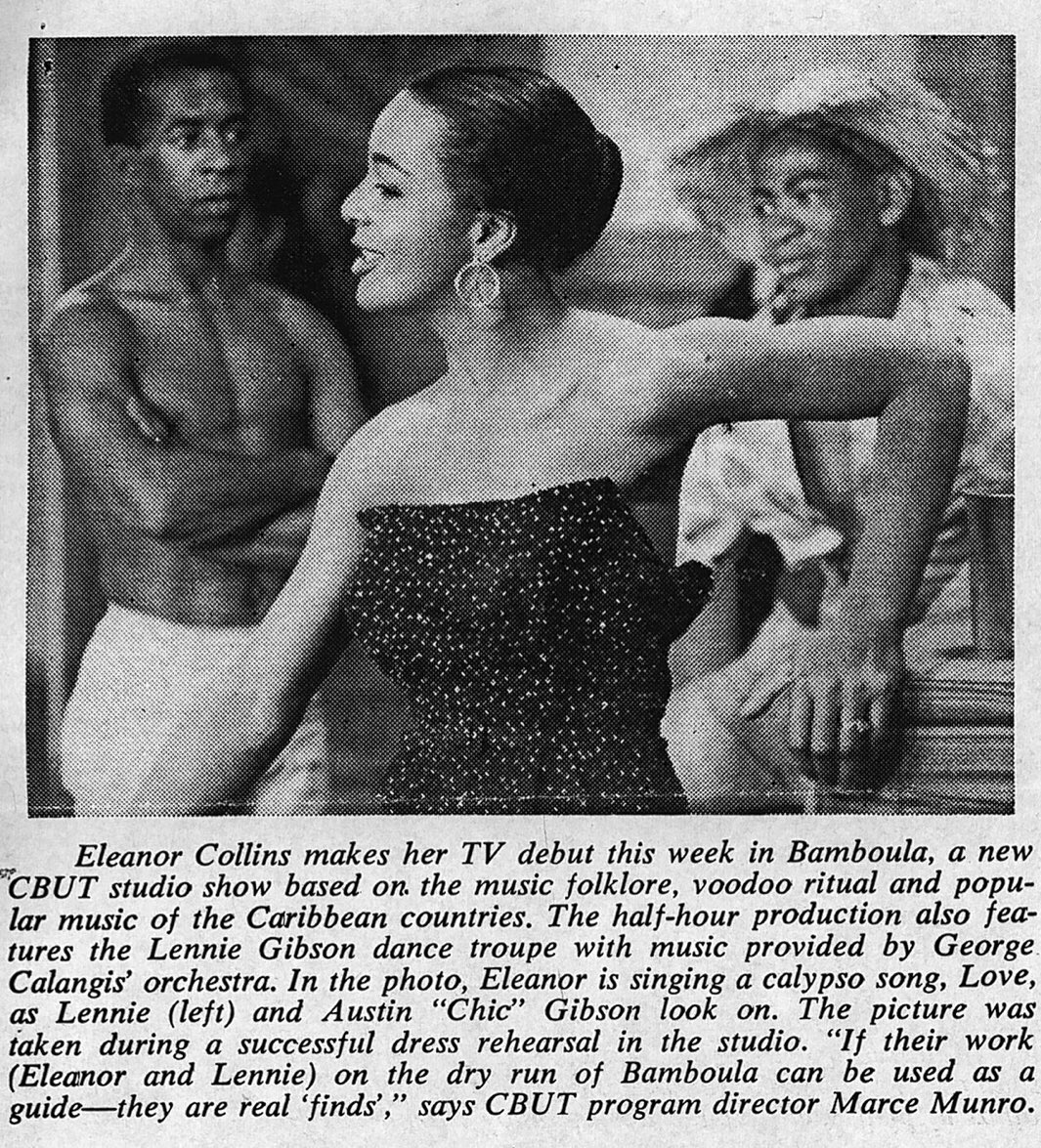 Black dancing from stage to television screens: Len Gibson, Eleanor Collins, and Austin “Chic” Gibson in an excerpt from a television guide for “Bamboula” (1954).

📸 Len Gibson Electronic Archive, Dance Collection Danse

#BlackHistoryMonth #CanadianDance