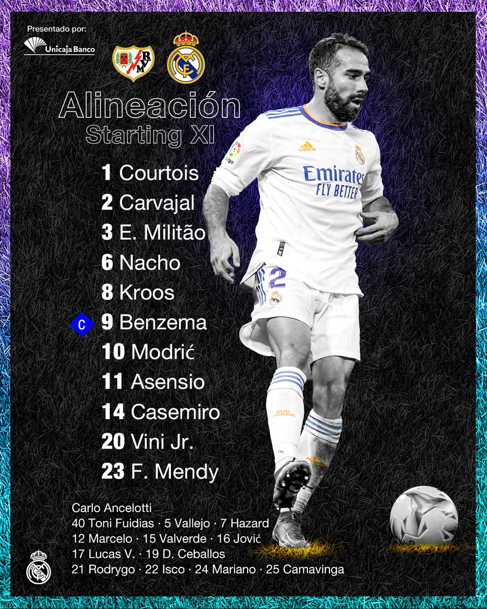 ✅📝 RESMI: Starting Line-up Real Madrid vs Rayo Vallecano.

#RayoRealMadrid | #HalaMadrid