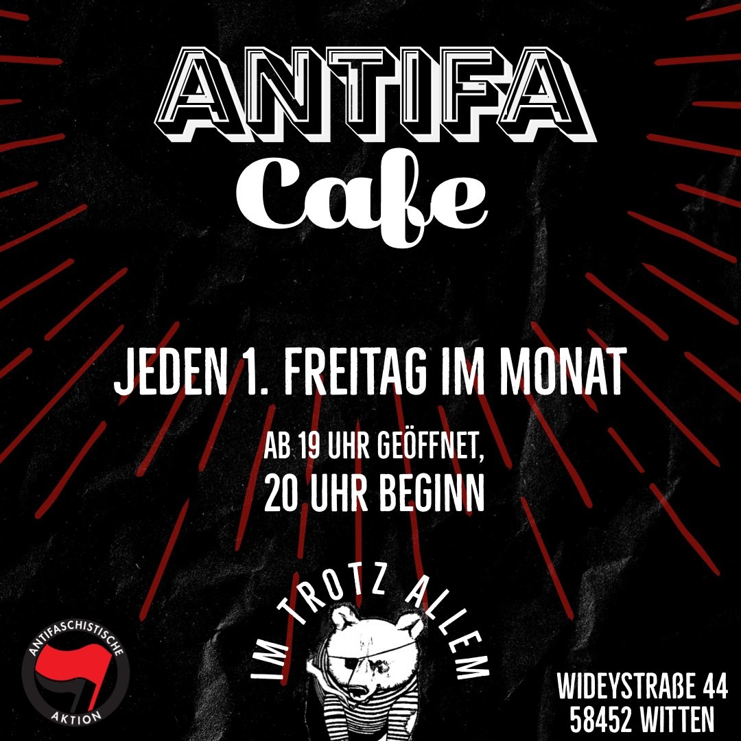 afawitten's tweet photo. Nach zwei Jahren #Pandemie ist es endlich wieder so weit: In #Witten findet am 4. März wieder das #AntifaCafe statt!

Thema: Was bedeutet für euch #Antifa?
Zusammen wollen wir diskutieren, Ideen austauschen, uns vernetzen 🤗

Im Anschluss gibt es Essen und Trinken gegen Spende :) https://t.co/ffyLwVWlph