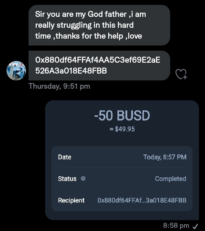 Just Sent 50$ to @attitudejaat55 🚀

Drop more busd addresses in comments and turn on notifications 🔔

#Airdrop #Giveaway #cryptocurrency