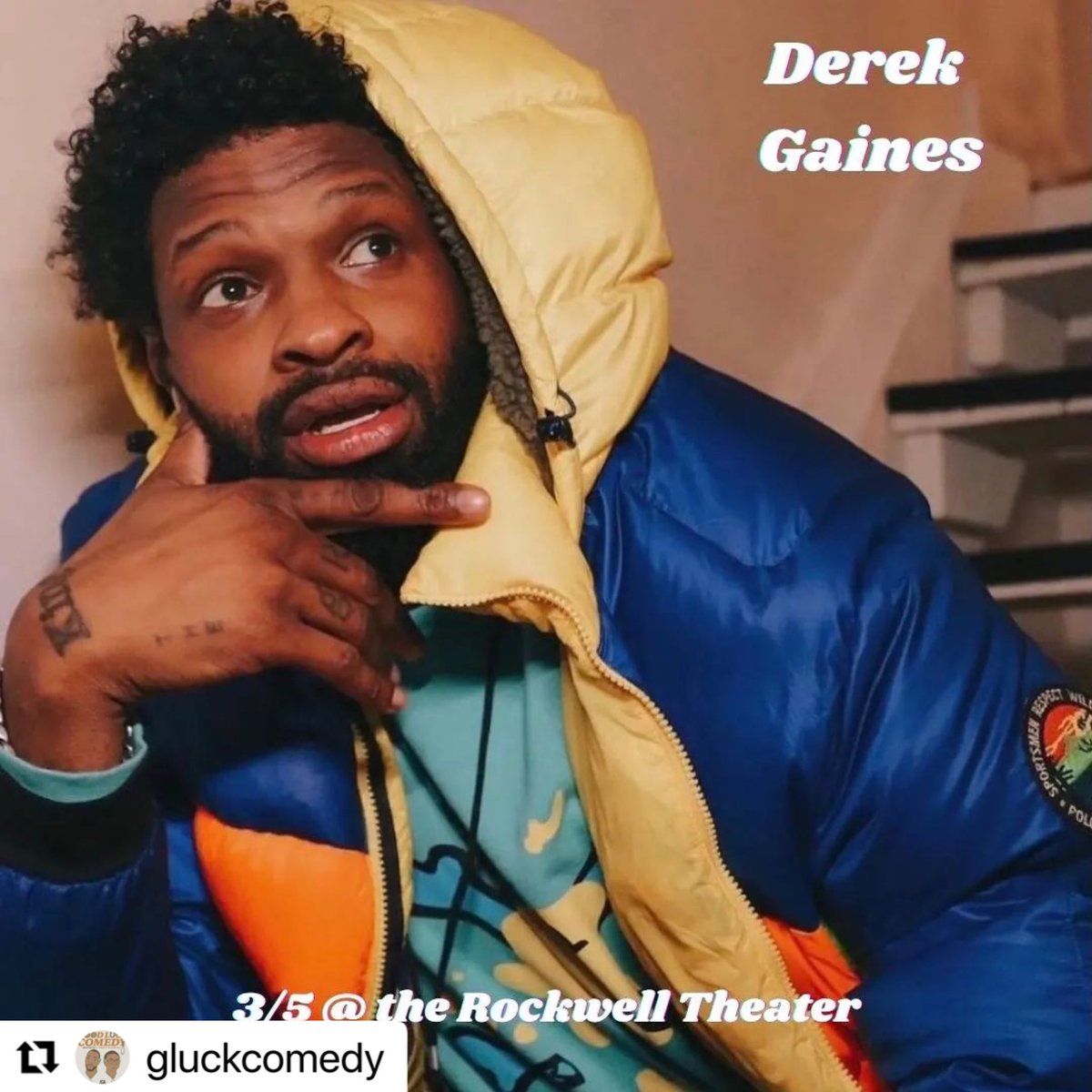 🎤 ONE WEEK TO GO! 🎤 
<a href="/Derek1Gaines/">Derek Gaines</a> headlines #GoodLuckComedy here on Saturday 3/5 —- don’t sit on it! Get tickets now! 😆  Hosted by <a href="/TheSamIke/">Sam Ike</a> &amp; <a href="/Ehjentsmith/">J Smitty</a> 
•
TICKETS ➡️ bit.ly/3hrE52J #comedy #DavisSquare #TheRockwell #Somerville #Boston