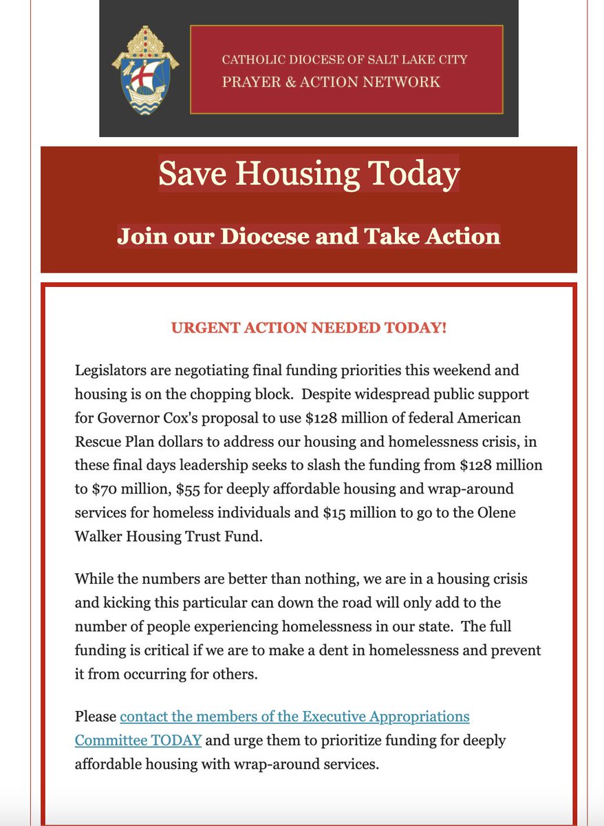 Thank you @Diocese_of_SLC in calling for the full amount of funding appropriated toward housing as requested by @GovCox. #utahhousingcrisis 