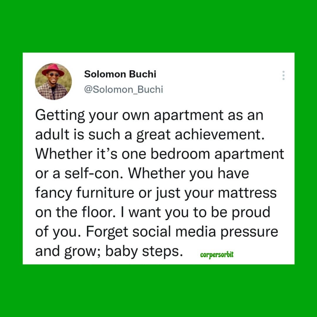 CorpersOrbitNG's tweet photo. Be proud of your baby steps!
.
Having difficulty finding a good and pocket friendly apartment? Worry no more cos we've got you covered π.
.
Just send a dm and we'll work on it swiftly.
.
Cc: @solomon_buchi
.
#corpersorbit #apartment #realestate #property #interiordesign #NYSC https://t.co/Ml3LAbmT3f