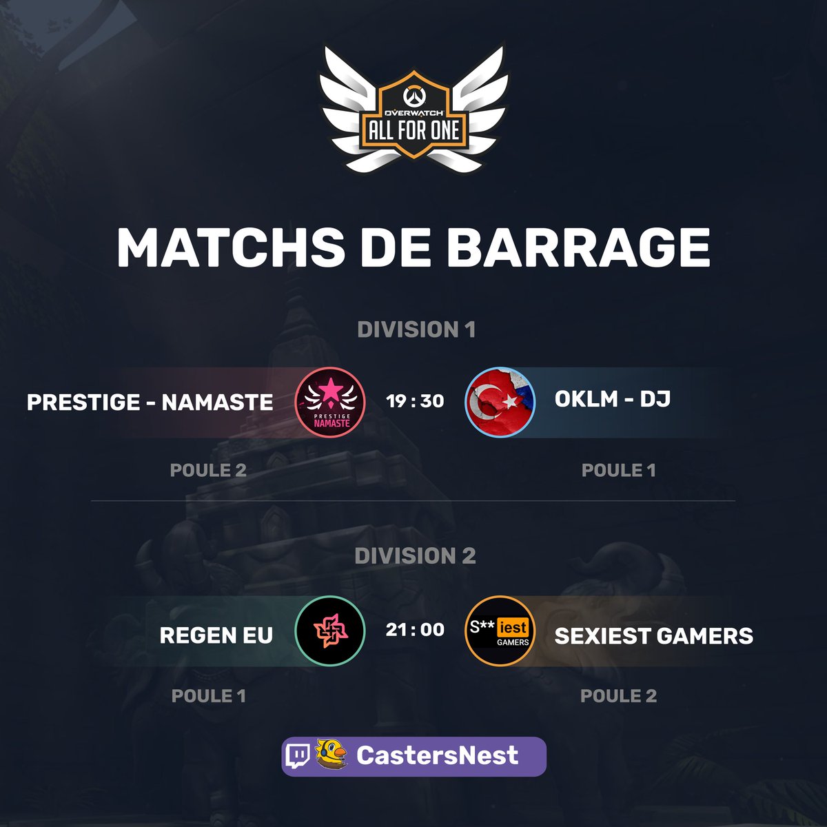 Hello ✨ 
Ce soir, auront lieu deux matchs avec de forts enjeux ! 🔥
- Qui conservera sa place en div 1, qui rejoindra la div 2 ? 👀
- Qui conservera sa place en div 2 et qui rejoindra la div 1 ? 👀 
Les réponses à ces questions seront à découvrir sur la chaîne de <a href="/CastersNest/">CastersNest</a> 🚀