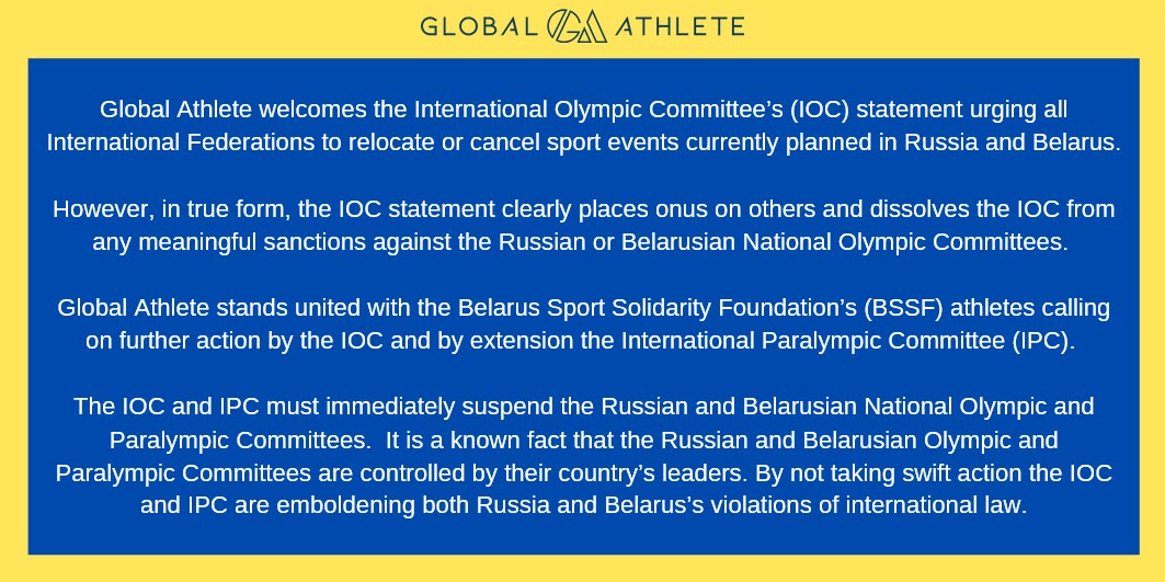 Rob Koehler (@robkoehler2) on Twitter photo The #IOC and #IPC silence/lack action in banning the Russian and Belarusian National Olympic and Paralympic Committees is a clear sign of the stranglehold these countries have over the IOC and IPC.
<a href="/Olympics/">The Olympic Games</a> <a href="/Paralympics/">Paralympic Games</a>
<a href="/GlobalAthleteHQ/">Global Athlete</a> <a href="/bssfbel/">Belarusian Sport Solidarity Foundation</a> The #IOC and #IPC silence/lack action in banning the Russian and Belarusian National Olympic and Paralympic Committees is a clear sign of the stranglehold these countries have over the IOC and IPC.
<a href="/Olympics/">The Olympic Games</a> <a href="/Paralympics/">Paralympic Games</a>
<a href="/GlobalAthleteHQ/">Global Athlete</a> <a href="/bssfbel/">Belarusian Sport Solidarity Foundation</a>