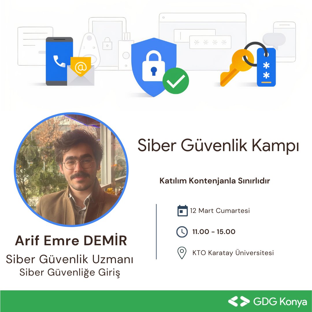 CyberThinkorg's tweet photo. @GDGKonya ekibinin 12 Mart'ta düzenleyeceği ve Necmettin Erbakan Üniversitesi, Selçuk Üniversitesi, Konya Gıda Tarım Üniversitesi, Karatay Üniversitesi,  Konya Teknik Üniversitelerinden toplamda 80 öğrencinin katılacağı  Siber Güvenlik Kampına @CyberThinkorg olarak yer alacağız. https://t.co/qoaDxYbLTo