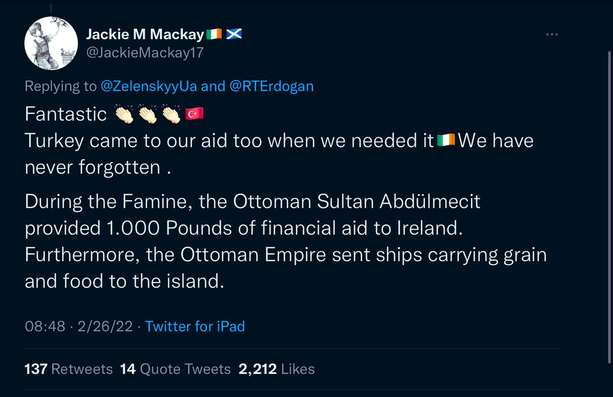Zelensky’nin Erdoğan’a teşekkürünün altında bir İrlandalının yorumu:

“İhtiyacımız olduğunda kıtlık varken Türkiye (Osmanlı) bizim de yardımınıza gelmişti hiçbir zaman unutmadık”

Türk budur, nerede mazlum varsa koşar yardıma