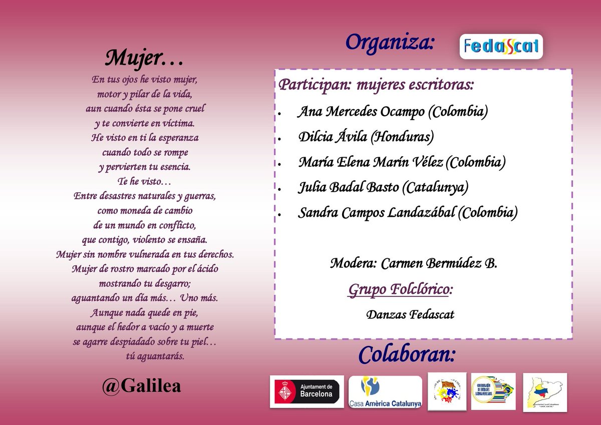 EN CLAU DE DONA que cada año celebramos para visibilizar las voces de las mujeres latinoamericanas migrantes, madres, esposas, amigas, profesionales que en distintos ámbitos sobresalen. 
Para este año mujeres escritoras que nos contarán historias de vida que vale la pena conocer