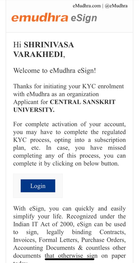 CENTRAL SANSKRIT UNIVERSITY (@centralsanskrit) on Twitter photo Under 'Go Green initiative' and Best Practice, CSU moving ahead towards implementation of paperless office, initiated e-sign (e-mudhra) targeting for deployment of e-Office from April, 2022 onwards.
Thanks to Competent Authority <a href="/shrivarakhedi/">shrinivasa varakhedi</a> for visionary directions. Under 'Go Green initiative' and Best Practice, CSU moving ahead towards implementation of paperless office, initiated e-sign (e-mudhra) targeting for deployment of e-Office from April, 2022 onwards.
Thanks to Competent Authority <a href="/shrivarakhedi/">shrinivasa varakhedi</a> for visionary directions.