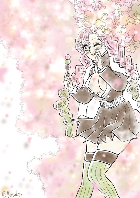 ろっちさんがTwitterに投稿した甘露寺蜜璃(鬼滅の刃)のイラスト。