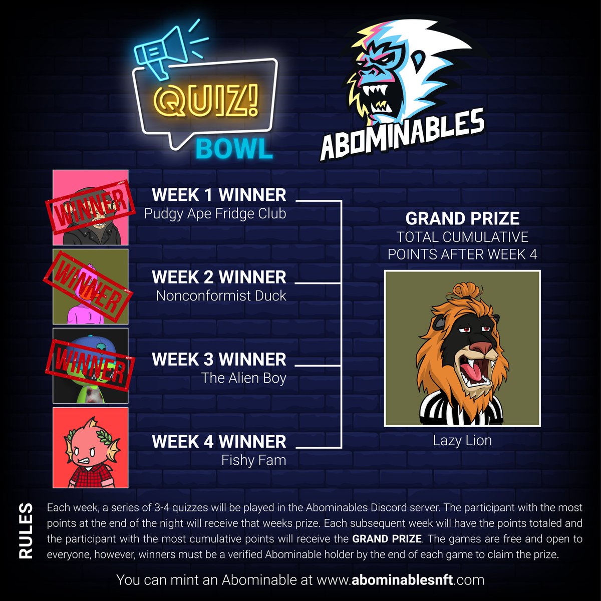 GM frens and fam! If you’ve minted an Abominable but haven’t joined us in Discord yet, what are you waiting for?! This Tuesday is the last week of our QUIZ BOWL and the last chance to win some AMAZING prizes from some of our favorite projects like <a href="/fishyfamNFT/">Fishy Fam</a> and <a href="/LazyLionsNFT/">Lazy Lions 👑</a>!